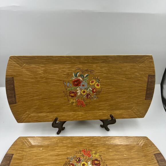 Vintage Set 3 HASKO Faux Wood Ornamental Floral Roses Lithograph Serving Trays - Picture 6 of 7